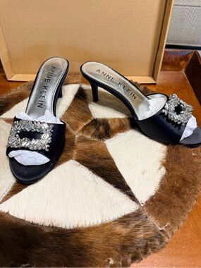 Anne Klein Black Satin Slide Heels with Crystal Buckle
